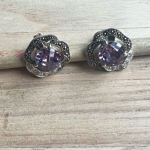 Lavish by TJM 925 Sterling silver floral earrings Purple CZ marcasite on posts